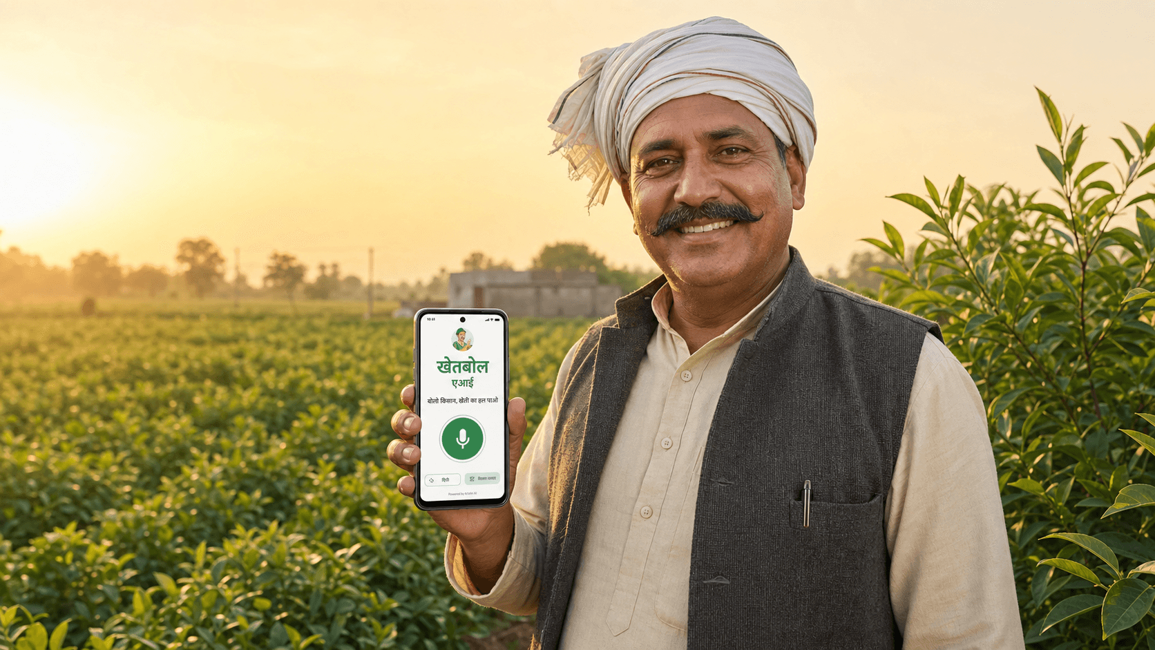 Smiling Indian farmer standing in a crop field and showing the KhetBol AI app on a phone