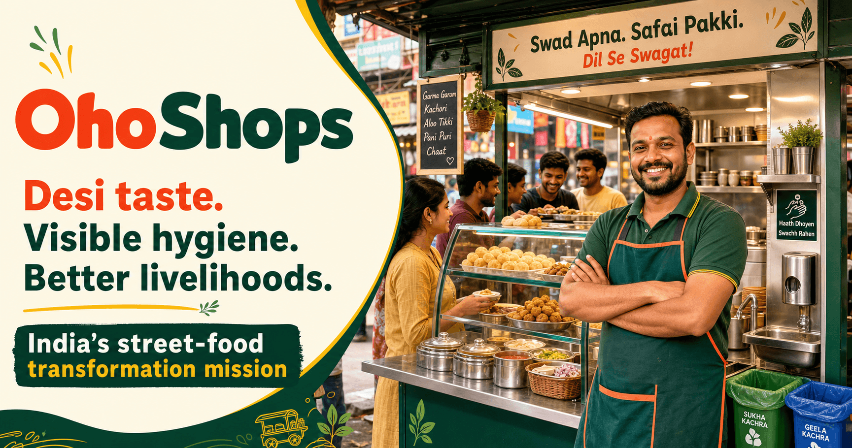 OhoShops mission artwork showing a proud street-food entrepreneur at a clean, modern kiosk